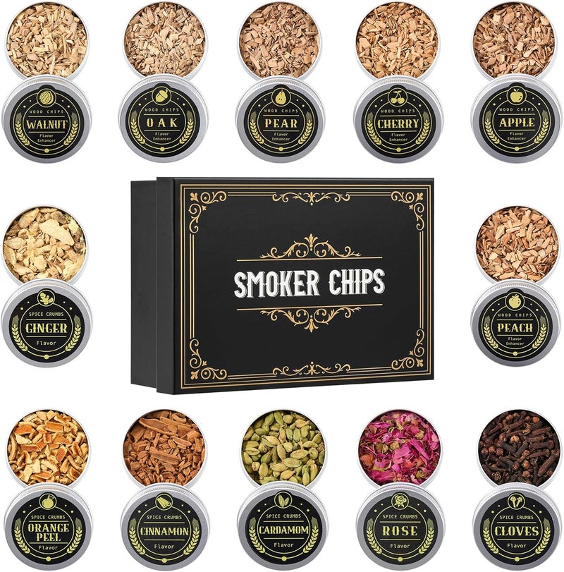ComboJoy 12 Flavor Cocktail Smoker Wood Chips Gift Set for Men - Cinnamon, Cloves, Orange Peel, Cardamom, Rose, Ginger, Pear, Peach, Cherry, Apple, Oak, Walnut for Whiskey/Bourbon/Drinks Smoke Gun - Image 1